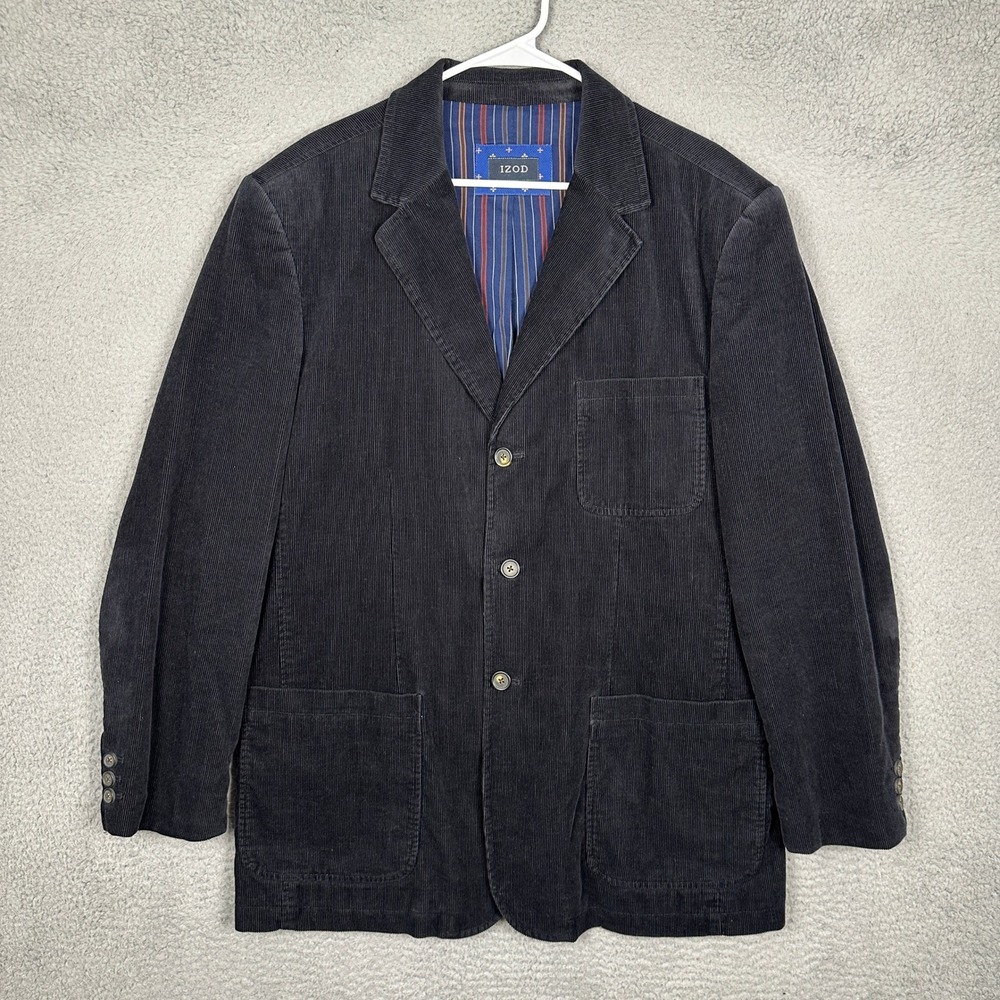 IZOD Blazer Mens Large Sport Coat Black Corduroy Button-Down Long Sleeve EUC